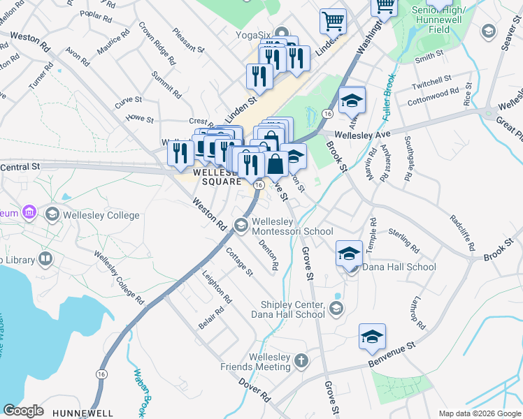 map of restaurants, bars, coffee shops, grocery stores, and more near 600 Washington Street in Wellesley