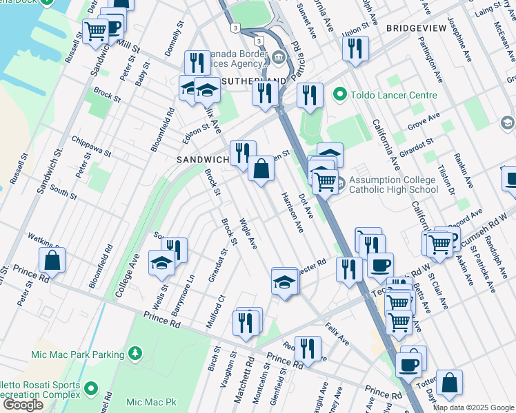 map of restaurants, bars, coffee shops, grocery stores, and more near 1062 Felix Avenue in Windsor