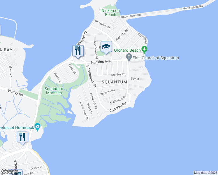 map of restaurants, bars, coffee shops, grocery stores, and more near 41 Ocean Avenue in Quincy