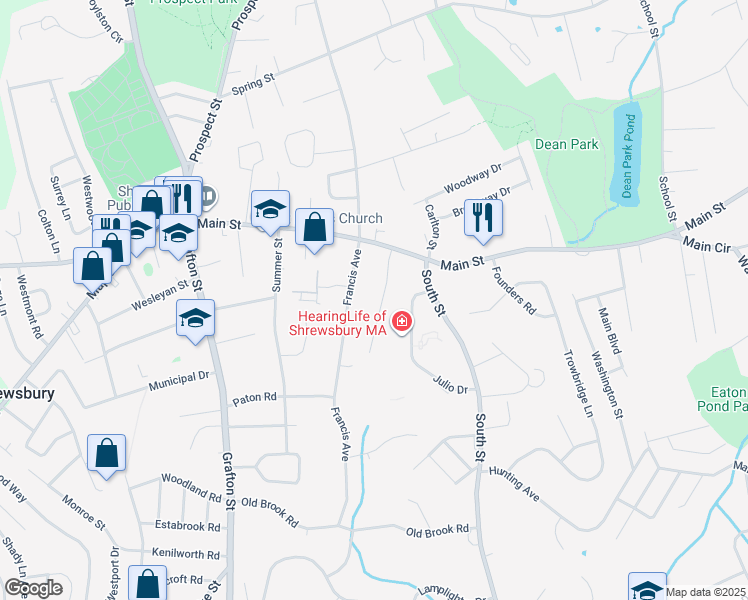 map of restaurants, bars, coffee shops, grocery stores, and more near 29 Francis Avenue in Shrewsbury