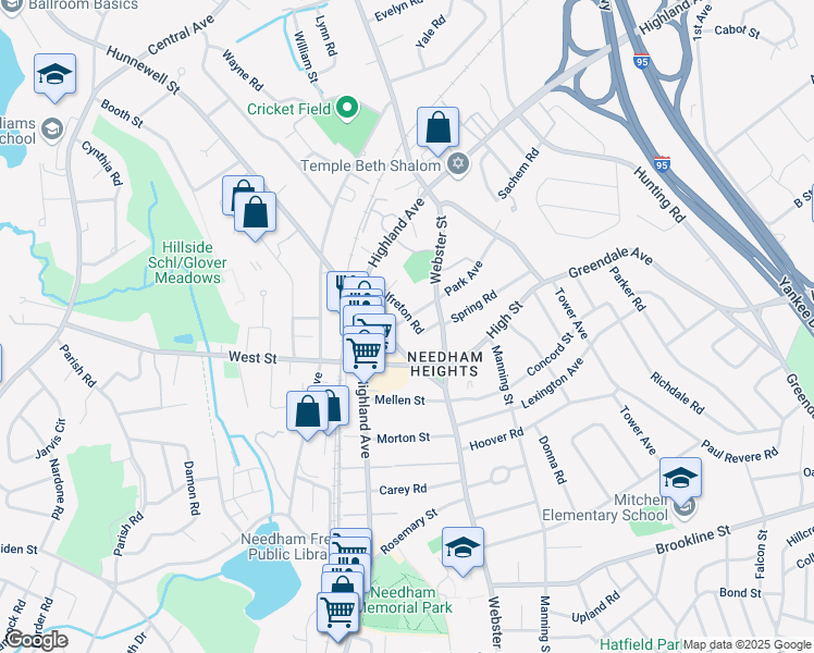 map of restaurants, bars, coffee shops, grocery stores, and more near 32 Mark Lee Road in Needham