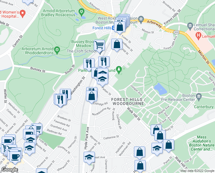 map of restaurants, bars, coffee shops, grocery stores, and more near 51-53 Walk Hill Street in Boston