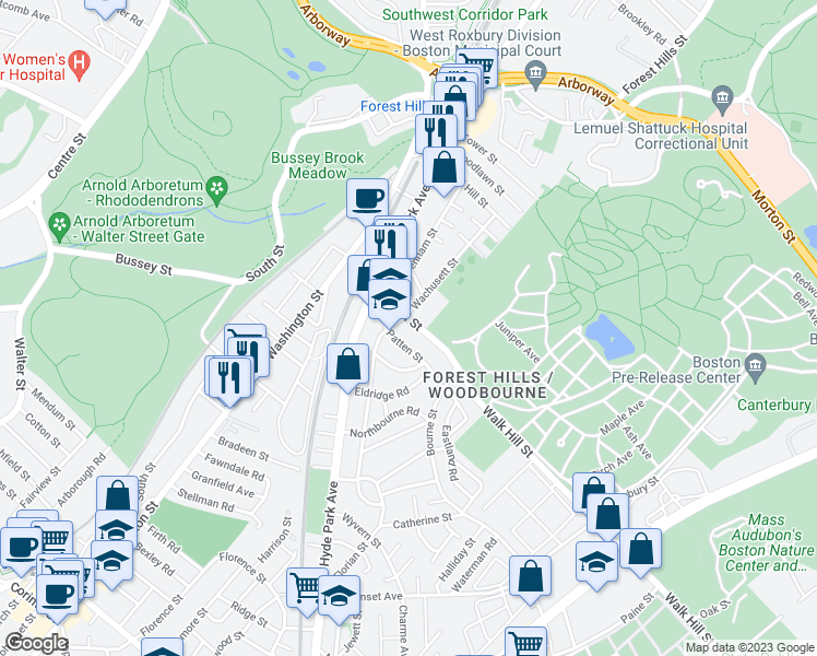 map of restaurants, bars, coffee shops, grocery stores, and more near 47 Walk Hill Street in Boston