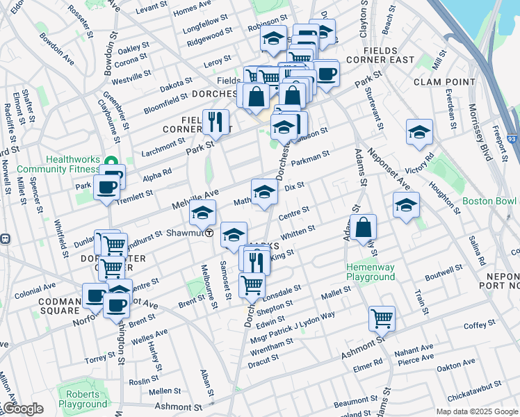 map of restaurants, bars, coffee shops, grocery stores, and more near 1669 Dorchester Avenue in Boston