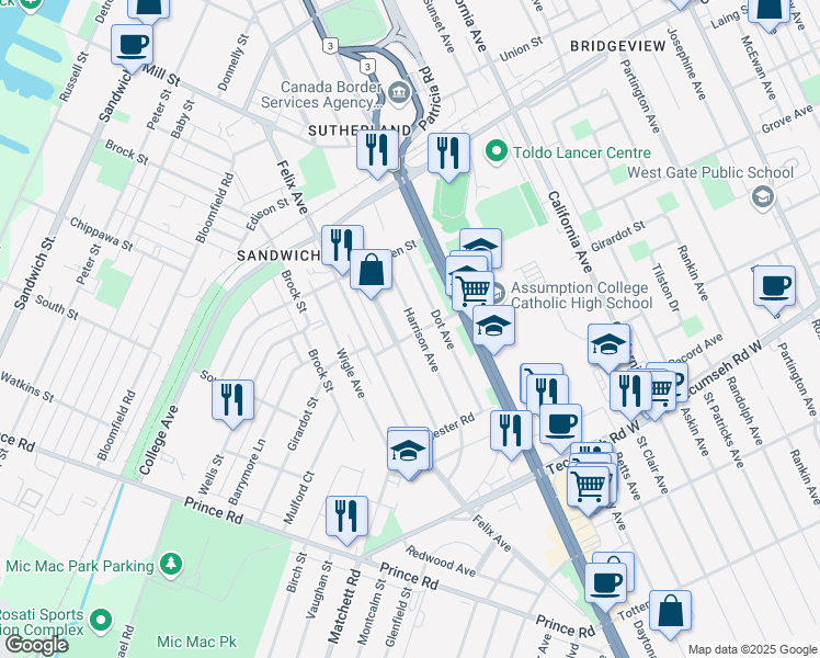 map of restaurants, bars, coffee shops, grocery stores, and more near 1095 Harrison Avenue in Windsor