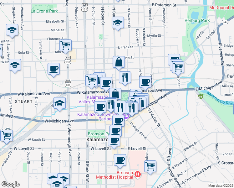 map of restaurants, bars, coffee shops, grocery stores, and more near 348 North Burdick Street in Kalamazoo