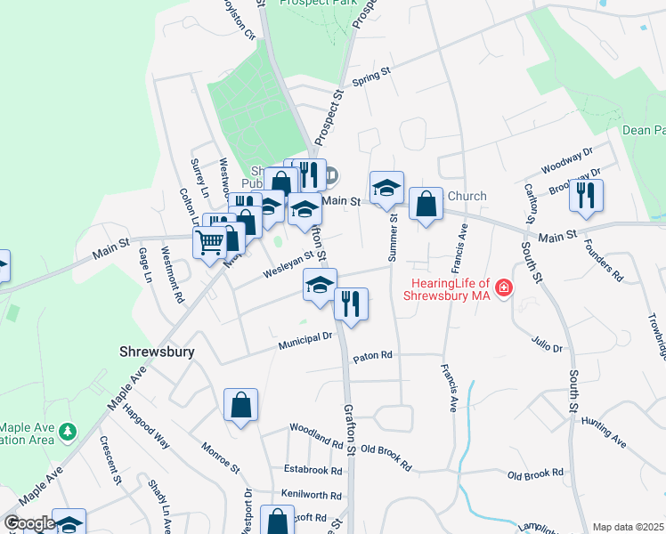 map of restaurants, bars, coffee shops, grocery stores, and more near 35 Grafton Street in Shrewsbury