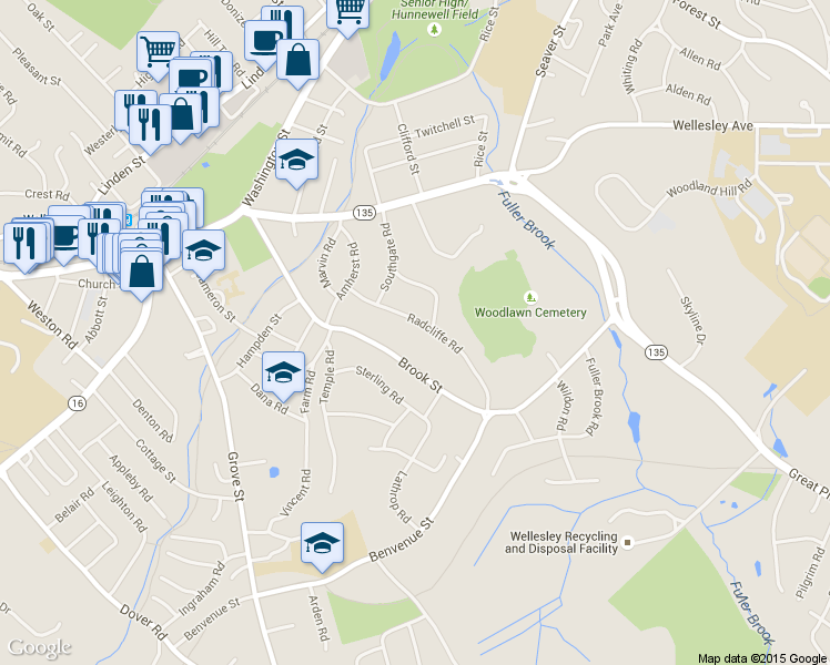 map of restaurants, bars, coffee shops, grocery stores, and more near 31 Radcliffe Road in Wellesley