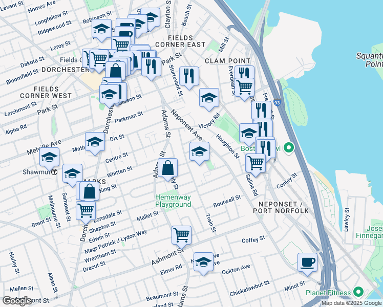 map of restaurants, bars, coffee shops, grocery stores, and more near 49 Train Street in Boston