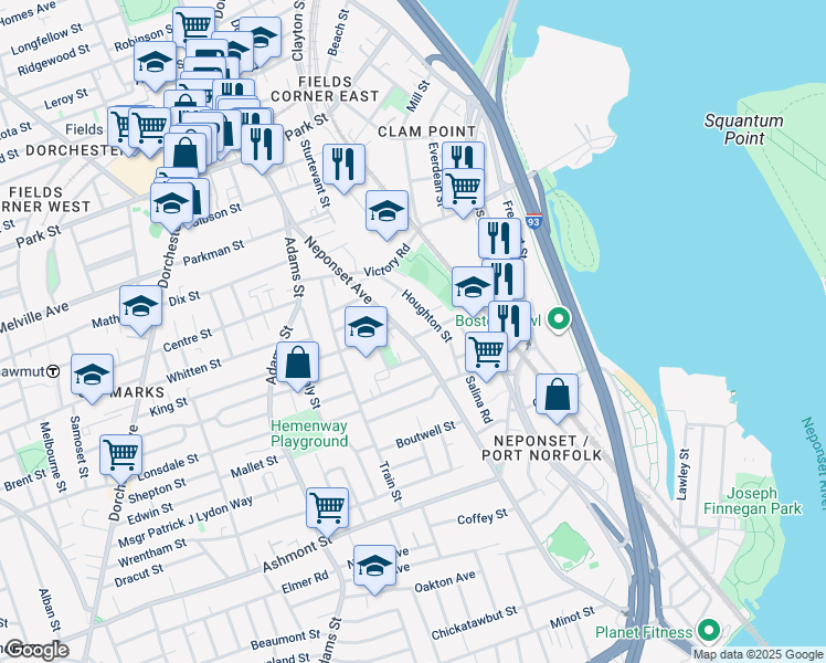 map of restaurants, bars, coffee shops, grocery stores, and more near 135 Neponset Avenue in Boston