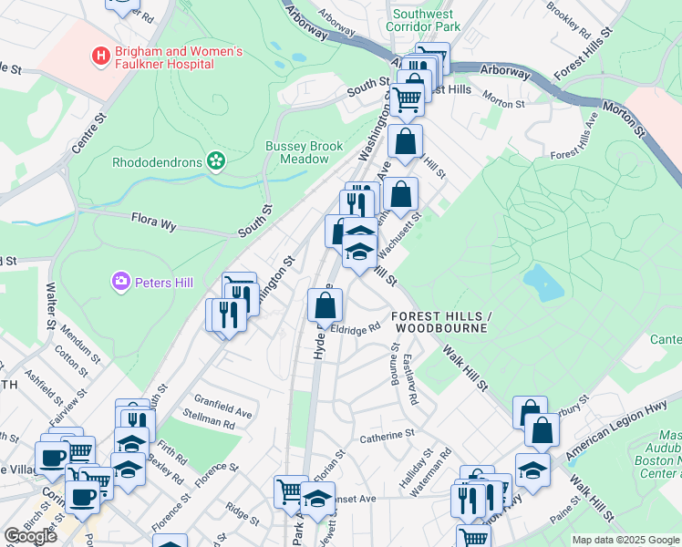 map of restaurants, bars, coffee shops, grocery stores, and more near 163 Wachusett Street in Boston