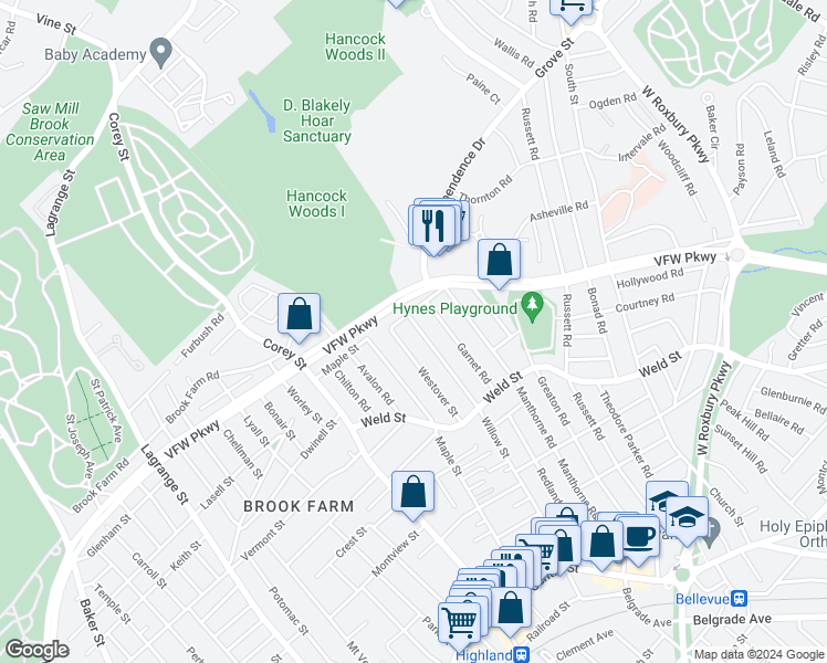map of restaurants, bars, coffee shops, grocery stores, and more near 85 Westover Street in Boston