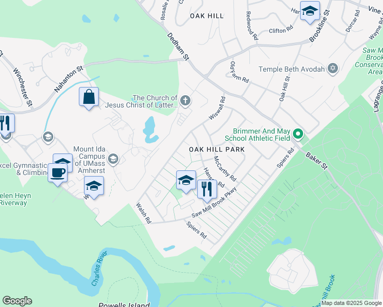 map of restaurants, bars, coffee shops, grocery stores, and more near 90 Hanson Road in Newton