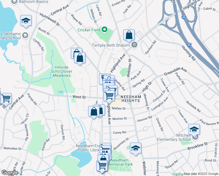 map of restaurants, bars, coffee shops, grocery stores, and more near 868 Highland Avenue in Needham