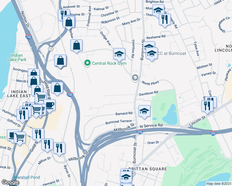 map of restaurants, bars, coffee shops, grocery stores, and more near 25 Clearview Avenue in Worcester