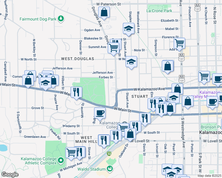 map of restaurants, bars, coffee shops, grocery stores, and more near 329 Ingleside Terrace in Kalamazoo