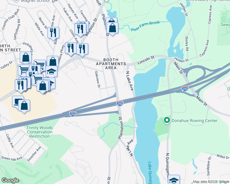 map of restaurants, bars, coffee shops, grocery stores, and more near 651C Plantation Street in Worcester