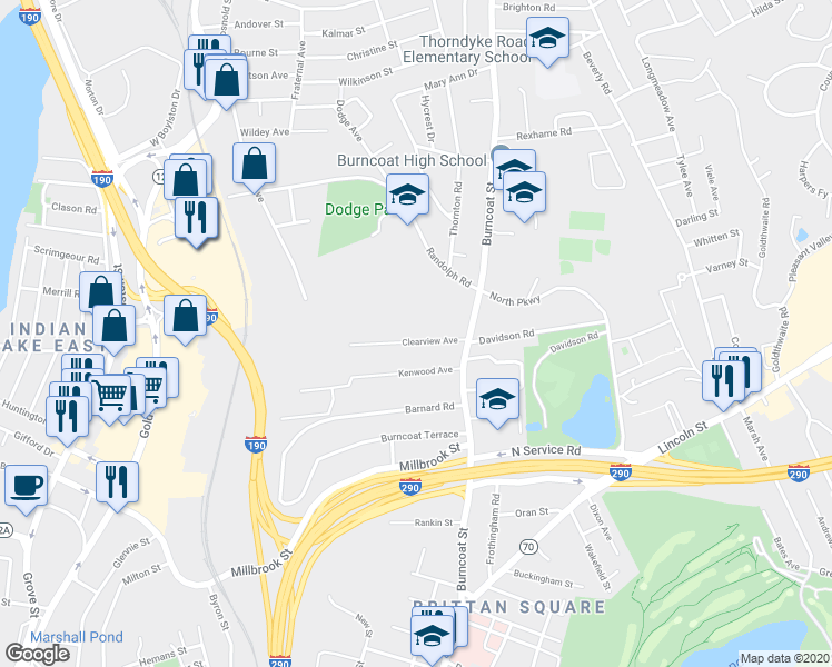 map of restaurants, bars, coffee shops, grocery stores, and more near 14 Clearview Avenue in Worcester