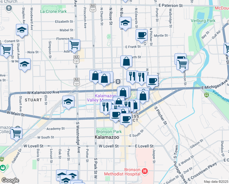 map of restaurants, bars, coffee shops, grocery stores, and more near 344 North Rose Street in Kalamazoo