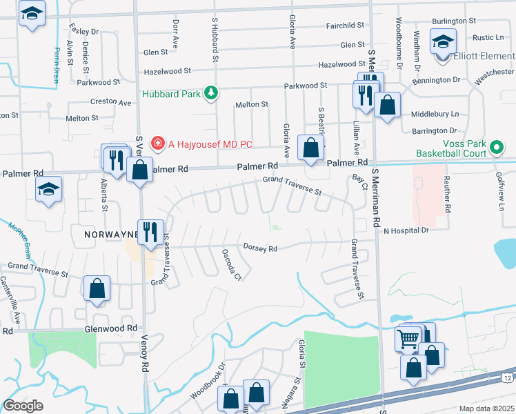 map of restaurants, bars, coffee shops, grocery stores, and more near 32145 Genessee Street in Westland