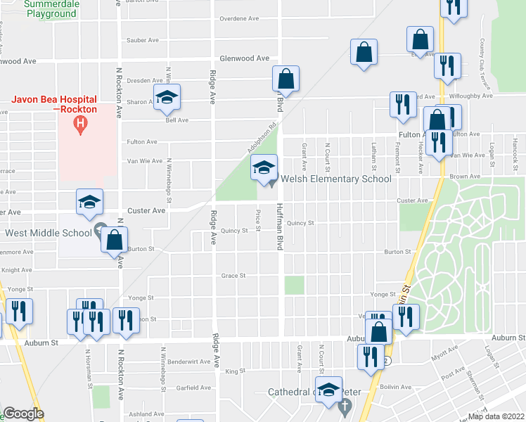 map of restaurants, bars, coffee shops, grocery stores, and more near 2027 Price Street in Rockford