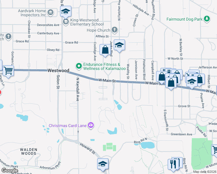 map of restaurants, bars, coffee shops, grocery stores, and more near 238 Falkirk Court in Kalamazoo