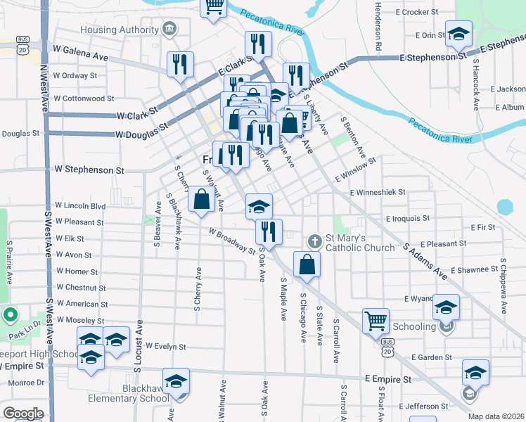 map of restaurants, bars, coffee shops, grocery stores, and more near 515 South Galena Avenue in Freeport