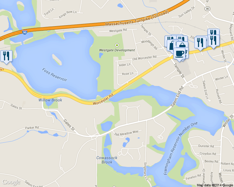 map of restaurants, bars, coffee shops, grocery stores, and more near 14 Gryzboska Circle in Framingham