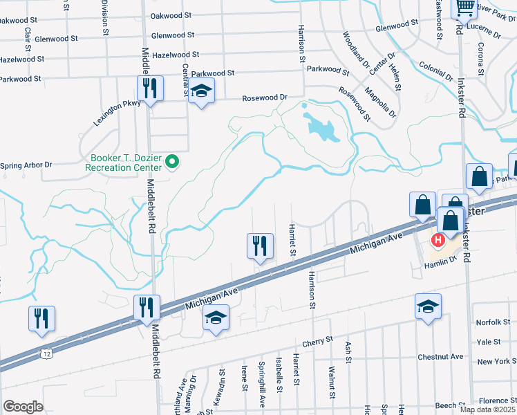 map of restaurants, bars, coffee shops, grocery stores, and more near 2194 Spring Hill Avenue in Inkster
