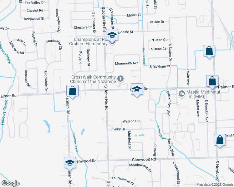 map of restaurants, bars, coffee shops, grocery stores, and more near 38501 Palmer Road in Westland