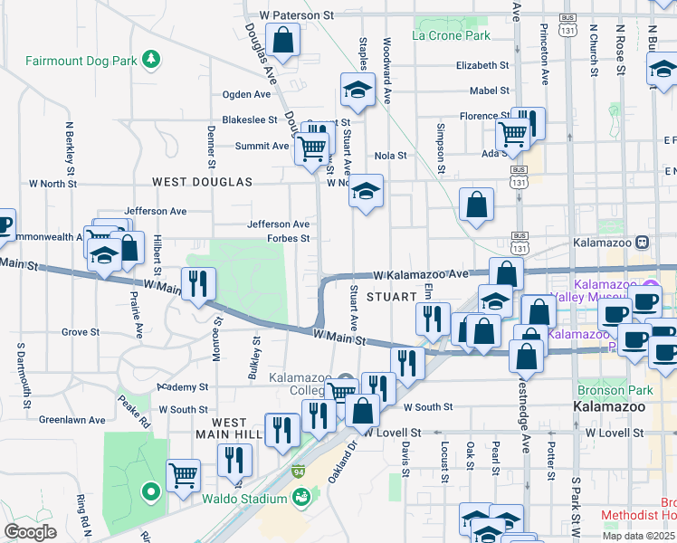 map of restaurants, bars, coffee shops, grocery stores, and more near 1020 West Kalamazoo Avenue in Kalamazoo