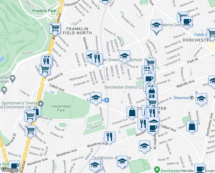 map of restaurants, bars, coffee shops, grocery stores, and more near 851 Park Street in Boston