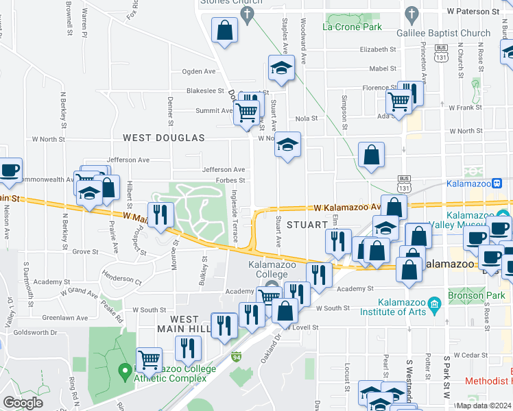 map of restaurants, bars, coffee shops, grocery stores, and more near 1032 West Kalamazoo Avenue in Kalamazoo