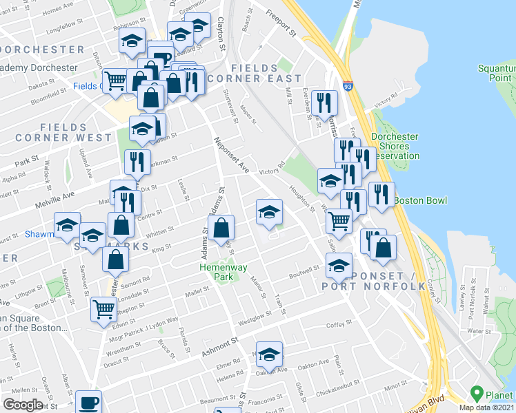 map of restaurants, bars, coffee shops, grocery stores, and more near 1 Queen Street in Boston