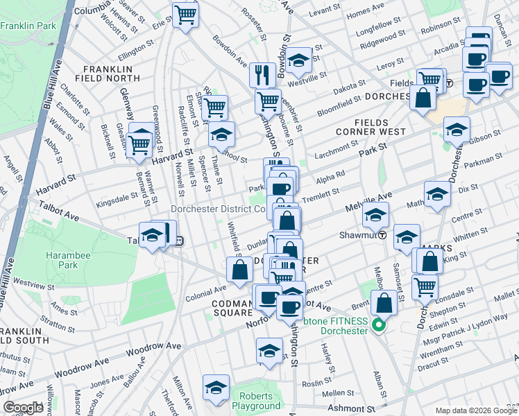 map of restaurants, bars, coffee shops, grocery stores, and more near 19 Wheatland Avenue in Boston