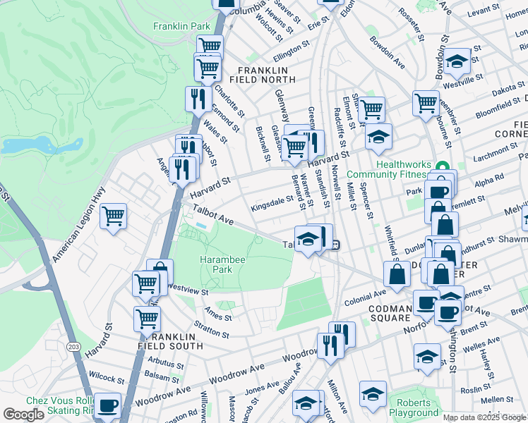 map of restaurants, bars, coffee shops, grocery stores, and more near 30 Browning Avenue in Boston