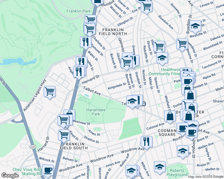 map of restaurants, bars, coffee shops, grocery stores, and more near 98 Talbot Avenue in Boston