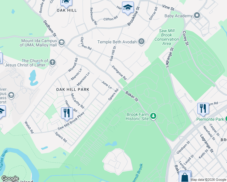 map of restaurants, bars, coffee shops, grocery stores, and more near 275 Spiers Road in Newton