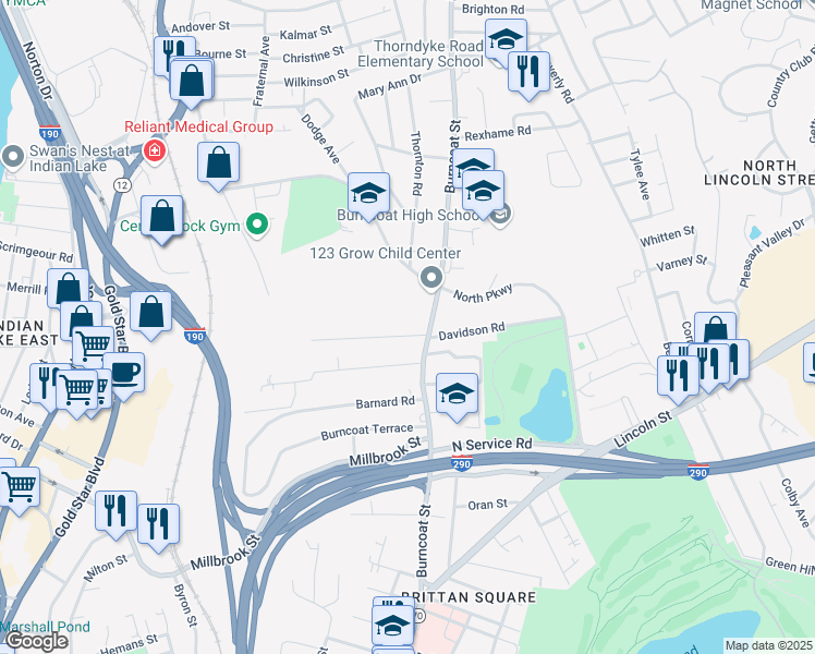 map of restaurants, bars, coffee shops, grocery stores, and more near 5 Clearview Avenue in Worcester