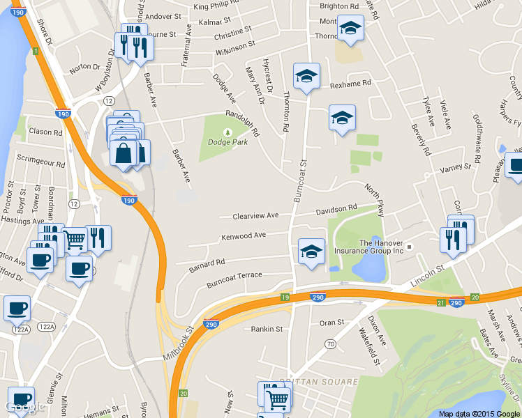 map of restaurants, bars, coffee shops, grocery stores, and more near 25 Clearview Avenue in Worcester