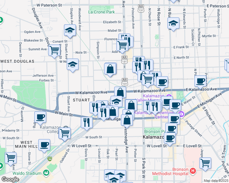 map of restaurants, bars, coffee shops, grocery stores, and more near 605 West Kalamazoo Avenue in Kalamazoo