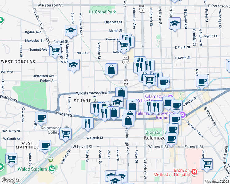map of restaurants, bars, coffee shops, grocery stores, and more near 605 West Kalamazoo Avenue in Kalamazoo