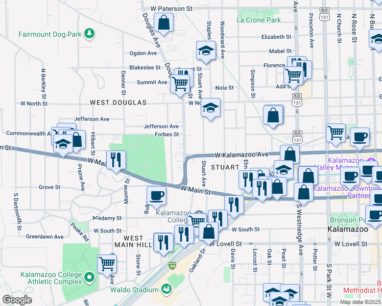 map of restaurants, bars, coffee shops, grocery stores, and more near 1025 West Kalamazoo Avenue in Kalamazoo
