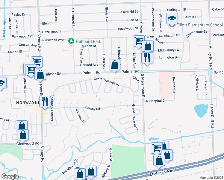 map of restaurants, bars, coffee shops, grocery stores, and more near 32015 Cheboygan Court in Westland