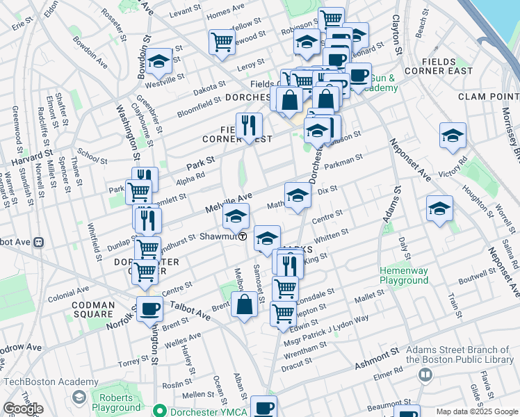 map of restaurants, bars, coffee shops, grocery stores, and more near 28 Mather Street in Boston