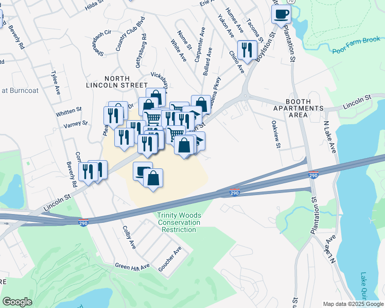 map of restaurants, bars, coffee shops, grocery stores, and more near 30 Tyler Prentice Road in Worcester