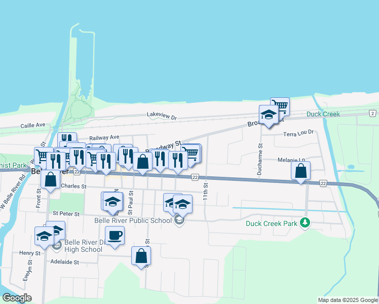 map of restaurants, bars, coffee shops, grocery stores, and more near 10th Street in Lakeshore