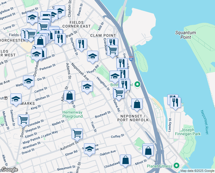 map of restaurants, bars, coffee shops, grocery stores, and more near 81 Houghton Street in Boston