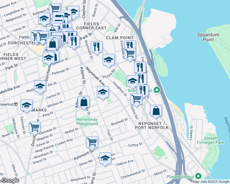 map of restaurants, bars, coffee shops, grocery stores, and more near 135 Neponset Avenue in Boston
