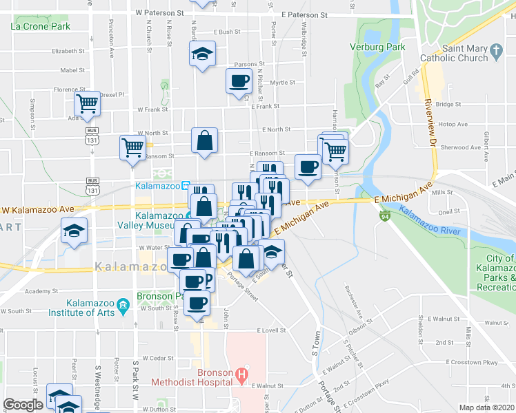 map of restaurants, bars, coffee shops, grocery stores, and more near 309 East Water Street in Kalamazoo